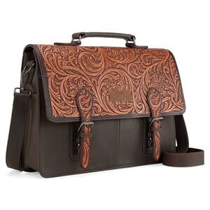 Wrangler NWT Genuine Leather Hand Tooled Travel/Business/Messenger Bag - Coffee
